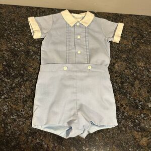 Vintage Boys Baby Blue 2 Piece Romper Fischel 3T Collared 80s CUTE!